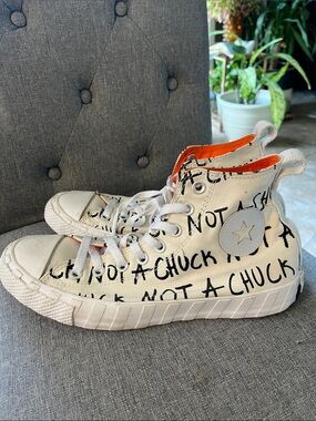 Converse Men’s High-Top  Sneakers in White Canvas with Black Script